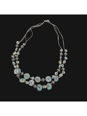 Layered Blue Black Beaded Button Necklace Unique Statement Jewelry 20 Inches